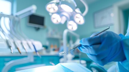 Leinwandbilder - A dentist performing a complex tooth extraction surgery in a well-equipped dental surgery room against a sterile, clinical background, macro shot