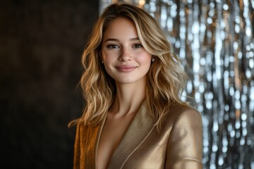 Elegant woman with curly hair poses confidently in a golden jacket against a sparkling background