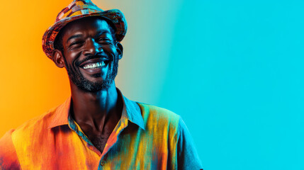 A smiling man with a colorful shirt and hat poses against a vibrant blue and orange backdrop in an engaging portrait