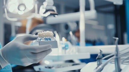 Leinwandbilder - A dentist taking a digital impression of a patient's teeth in a high-tech dental office, with 3D scanning equipment and dental tools in the background, macro shot