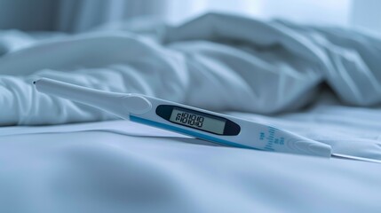 Aufkleber - A detailed close-up of a digital thermometer displaying temperature readings, set against a clean, clinical background with subtle colors