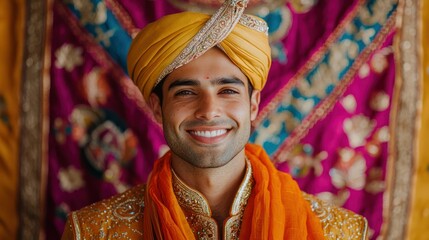 A portrait of an Indian man dressed in traditional attire, smiling confidently against a vibrant backdrop