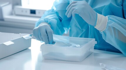 Aufkleber - A detailed close-up of a healthcare worker's hands assembling a surgical kit in a bright, sterile operating room against a clean white background, macro shot
