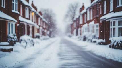 Snowy Suburban Street Scene in Winter with Falling Snowflakes and Red Brick Houses