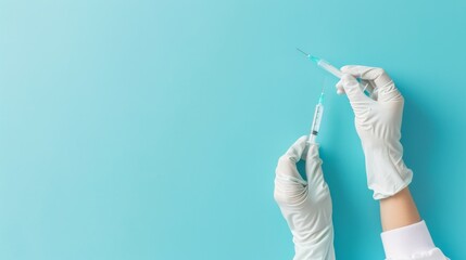Leinwandbilder - A detailed close-up of a healthcare worker's hands in protective gloves holding a syringe against a sterile blue background, macro shot, Minimalist style