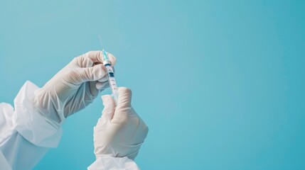 Leinwandbilder - A detailed close-up of a healthcare worker's hands in protective gloves holding a syringe against a sterile blue background, macro shot, Minimalist style