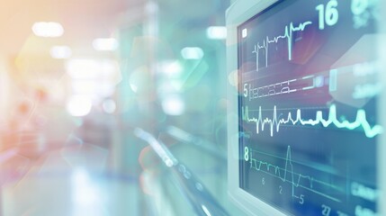 Leinwandbilder - A detailed close-up of a heart rate monitor displaying fluctuating readings, set against a soft, blurred hospital background