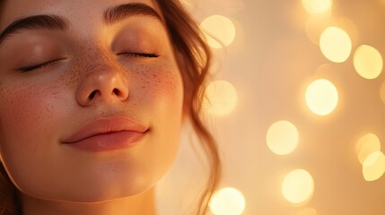 A woman receiving a head massage in a spa salon, a close-up shot of her face with closed eyes and a serene expression, soft lighting creating gentle shadows on her skin