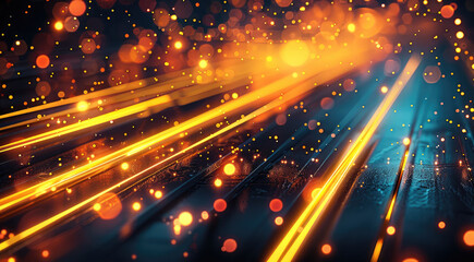 Poster - Yellow neon lines, vibrant, ambient light, black background.