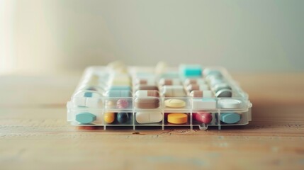 Poster - A detailed close-up of a pill organizer with various medications neatly arranged, set against a light wooden surface with soft lighting, macro shot