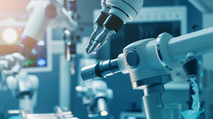 Leinwandbilder - A detailed close-up of a robotic surgical system in use during a complex procedure, with focus on the robotic arms and surgical field, set against a sleek