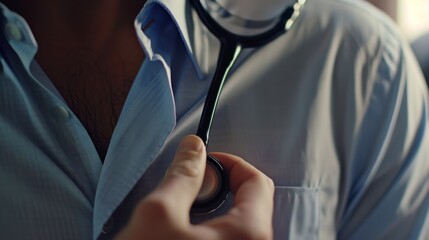 Leinwandbilder - A detailed close-up of a stethoscope resting on a patient��s chest, set in a modern examination room with natural light, macro shot