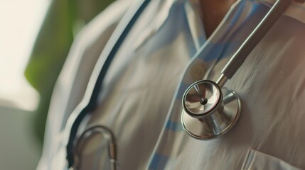 Leinwandbilder - A detailed close-up of a stethoscope resting on a patient��s chest, set in a modern examination room with natural light, macro shot