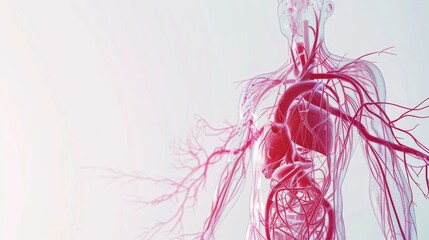 Poster - A detailed illustration of the human circulatory system with highlighted blood vessels and heart, set against a neutral, light background