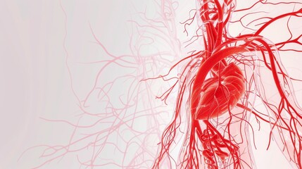 Poster - A detailed illustration of the human circulatory system with highlighted blood vessels and heart, set against a neutral, light background