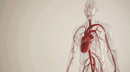 Aufkleber - A detailed illustration of the human circulatory system with highlighted blood vessels and heart, set against a neutral, light background