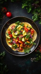 Wall Mural - Fresh vegetable salsa served over tortilla with avocado on a dark plate during dinner time