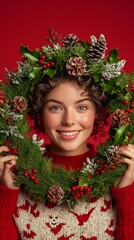 Young woman in a cozy sweater holding a festive holiday wreath on her head indoors