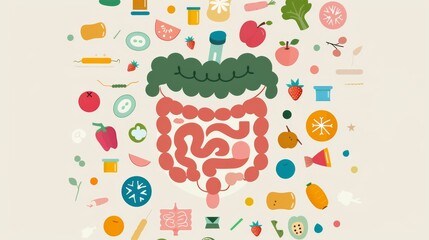 Leinwandbilder - A detailed illustration of the human digestive system with colorful, annotated diagrams, set against a clean