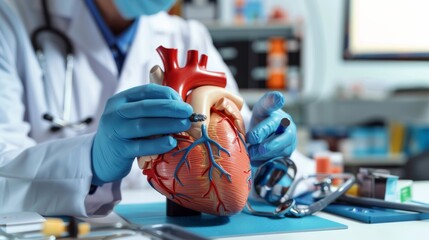 Leinwandbilder - A detailed image of a cardiologist examining a heart model with focus on the model��s details and diagnostic tools, set against a bright, modern cardiology office background
