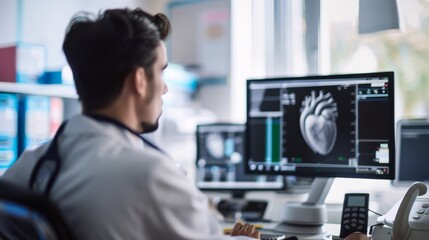 Leinwandbilder - A detailed image of a cardiologist reviewing an echocardiogram with focus on the heart��s details and diagnostic screen, set against a bright, modern cardiology office background