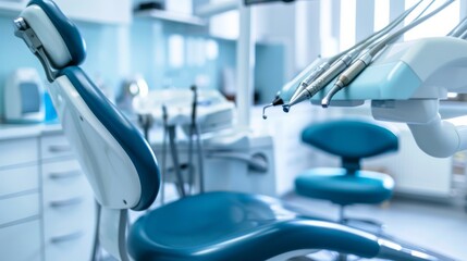 Poster - A detailed image of a dental clinic with tools and patient chairs neatly arranged, set against a bright, clean background
