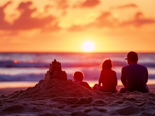 Family watching sunset by a sandcastle on the beach