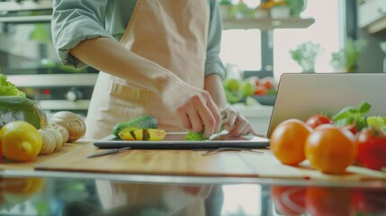 Poster - A detailed image of a dietitian preparing a nutritional plan with focus on healthy food items and a digital tablet, set against a bright, modern office environment