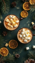 Sticker - Warm cups of hot chocolate with marshmallows and festive decorations on a winter table