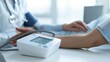 © ArpPSIqee - A detailed image of a healthcare worker using a blood pressure monitor on a patient in a clean clinic setting, macro shot, Minimalist style