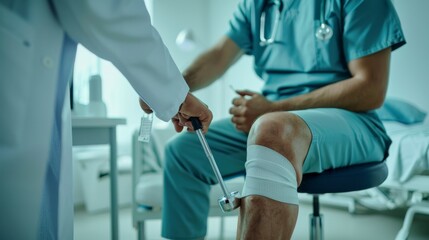 Wall Mural - A detailed image of a healthcare worker using a reflex hammer on a patient's knee in a well-lit examination room, macro shot, Minimalist style