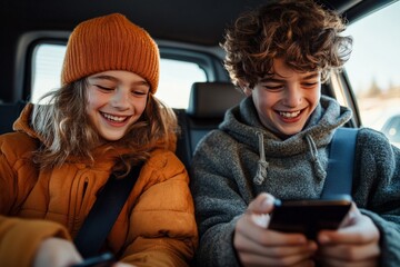 In a car's backseat, two kids happily interact with their smartphones, enjoying technology and each other's company on a fun road trip adventure.