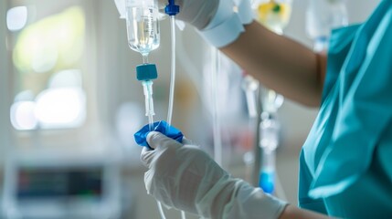 Poster - A detailed image of a nurse preparing an intravenous drip in a hospital room, with a clean, clinical backdrop