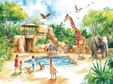 Watercolor illustration of a zoo with a giraffe, zebra, elephant, and a pond.