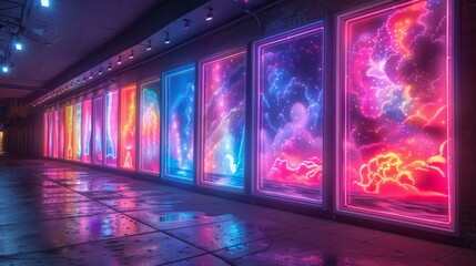 Wall Mural - conceptualize a neon exhibit of weather phenomenon symbols, featuring shimmering
