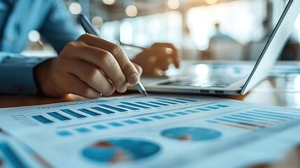Aufkleber - Close-up of business professionals collaborating on financial reports, modern office background. Business team analyzing financial reports at desk.