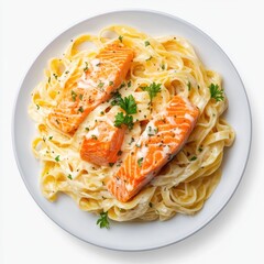 Fresh Salmon Fettuccine Alfredo Dish with Healthy Vegetables on White Plate