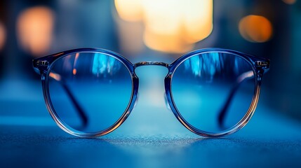 A pair of blue glasses with a silver frame