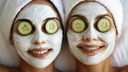 Wall Mural - Friends enjoying a relaxing spa day with facial masks