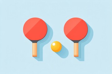 Two red table tennis paddles and a yellow ball on a light blue background