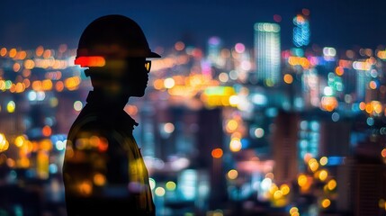 Construction worker silhouette with cityscape night lights overlay