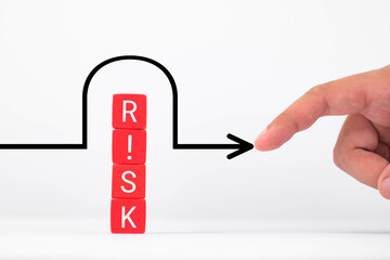 a hand pointing at blocks spelling 'risk', illustrating risk management and decision-making in busin