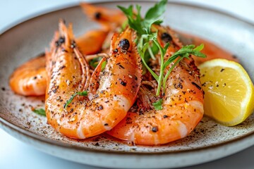 Canvas Print - Shrimp rolls garnished with fresh herbs and lemon served on a white plate in a restaurant setting