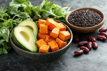 Sticker - Healthy gourmet salad featuring roasted squash, black beans, and avocado with fresh greens