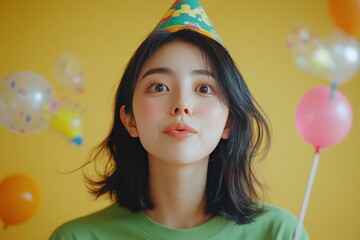 Young woman celebrating her birthday with a colorful hat and festive background