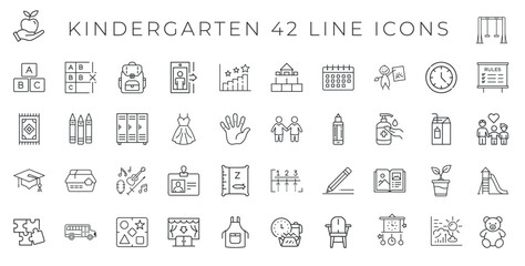 preschool kindergarten education early childhood development activities icon set, supplies classroom teacher student