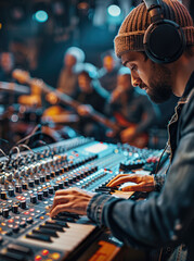 Fototapete - A sound engineer conducting a sound check before a live performance, adjusting the volume levels while musicians play instruments in the background.