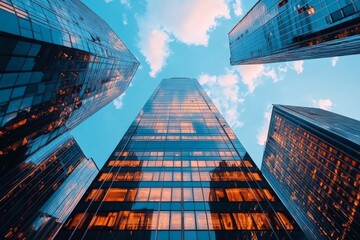 Wall Mural - A dynamic image of modern skyscrapers reflecting the sky, viewed from below, capturing the grandeur and dynamism of urban architecture and city life in a bustling metropolis.