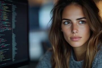 A focused programmer looks at their monitor, studying code in a tech office environment, emphasizing concentration and dedication to software development.