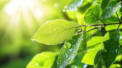 Wall Mural - A macro shot of a fresh green leaf covered in tiny droplets of morning dew, with sunlight creating a soft glow